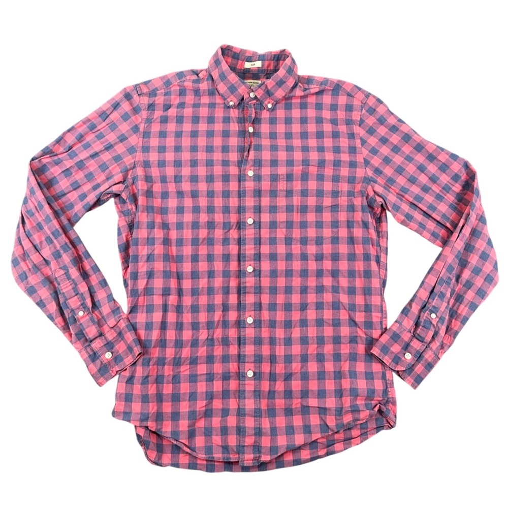J.Crew Button Down Shirt Mens Medium Slim Fit Pink Navy Gingham Secret Wash